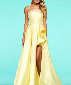 Sherri Hill - 53710 Beaded Satin A-Line Dress With Slit