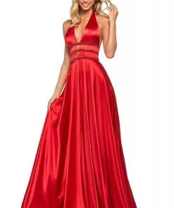 Sherri Hill - 53833 Plunging Halter Satin A-Line Dress