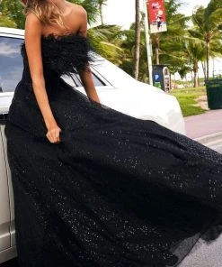 Sherri Hill - 54048 Feather Fringed Strapless Glitter Gown