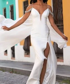 Sherri Hill - 54420 Crystal Beaded Crepe Dress With Cape