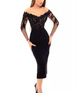 Tarik Ediz - 93615 Beaded Off-Shoulder Tea Length Fitted Dress